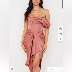 Silky Off Shoulder Cowl Neck Drape Satin Corset Midi Dress - Dusty Pink